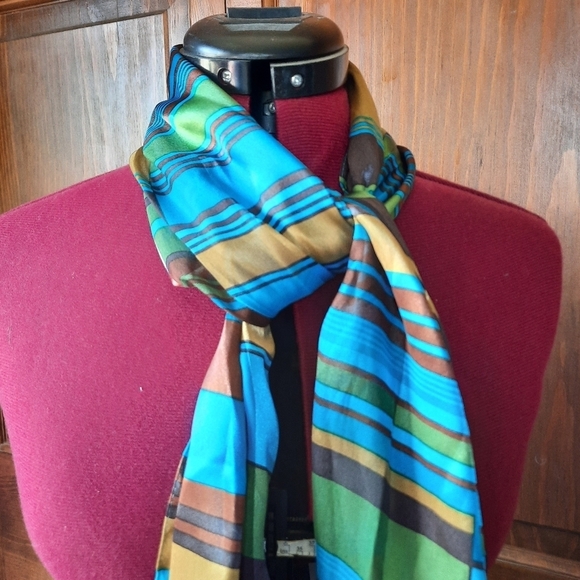 Vintage satin metallic blue brown print mod scarf - Picture 2 of 8